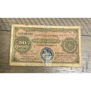 Portugal Banknote  PORTUGUESE Mozambique 50 CENTAVOS 1914